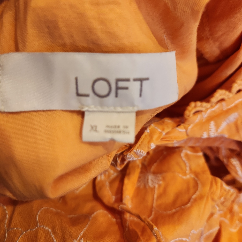 LOFT Orange Floral Puff-Sleeve Blouse Cut-Out Back With Tie Size XL Embroidered - Picture 8 of 10